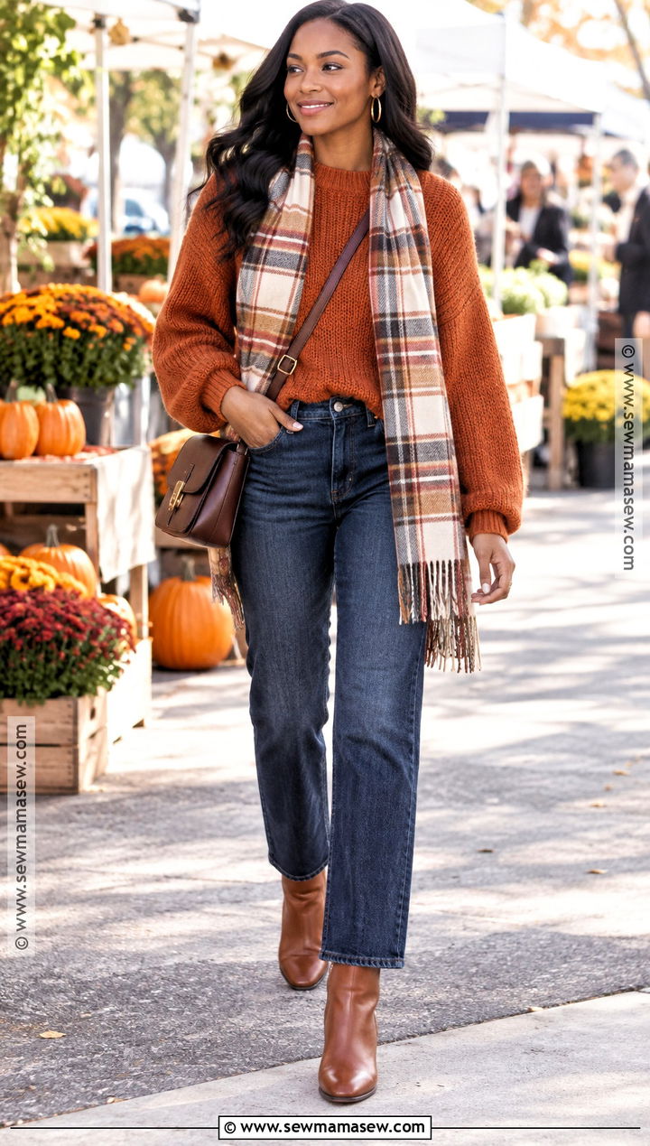 Burnt Orange Sweater And Dark Jeans Fall Outfit - 15 Fall Colors Outfits for Black Women