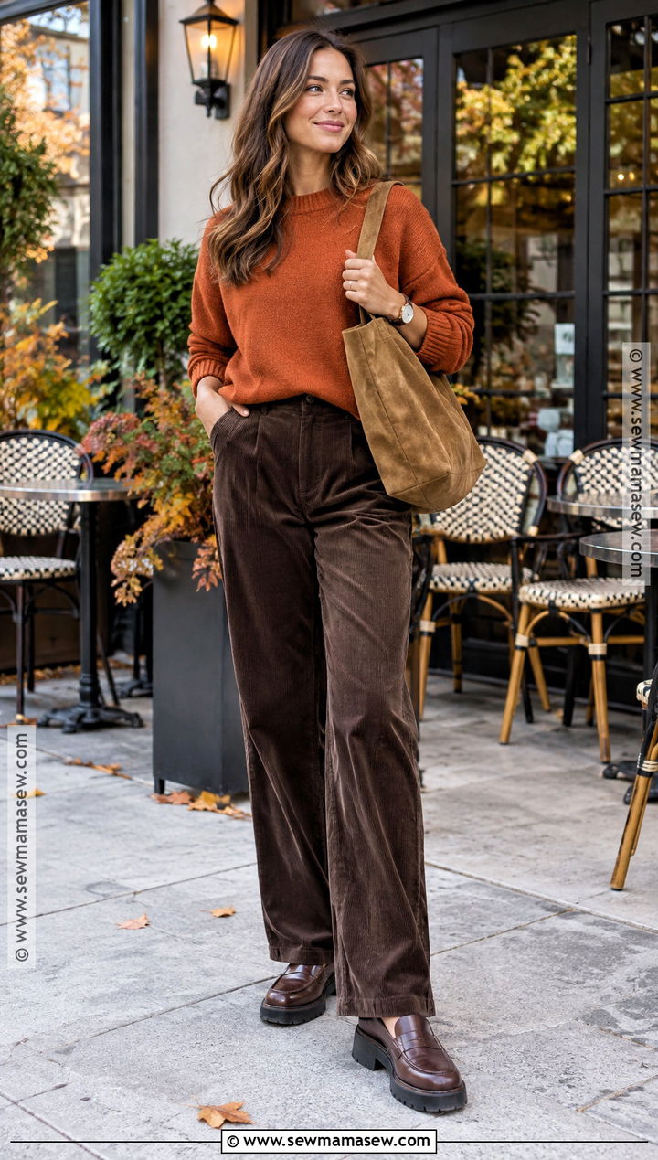 Burnt Orange Sweater With Corduroy Pants - 15 autumn color palette sweater ideas
