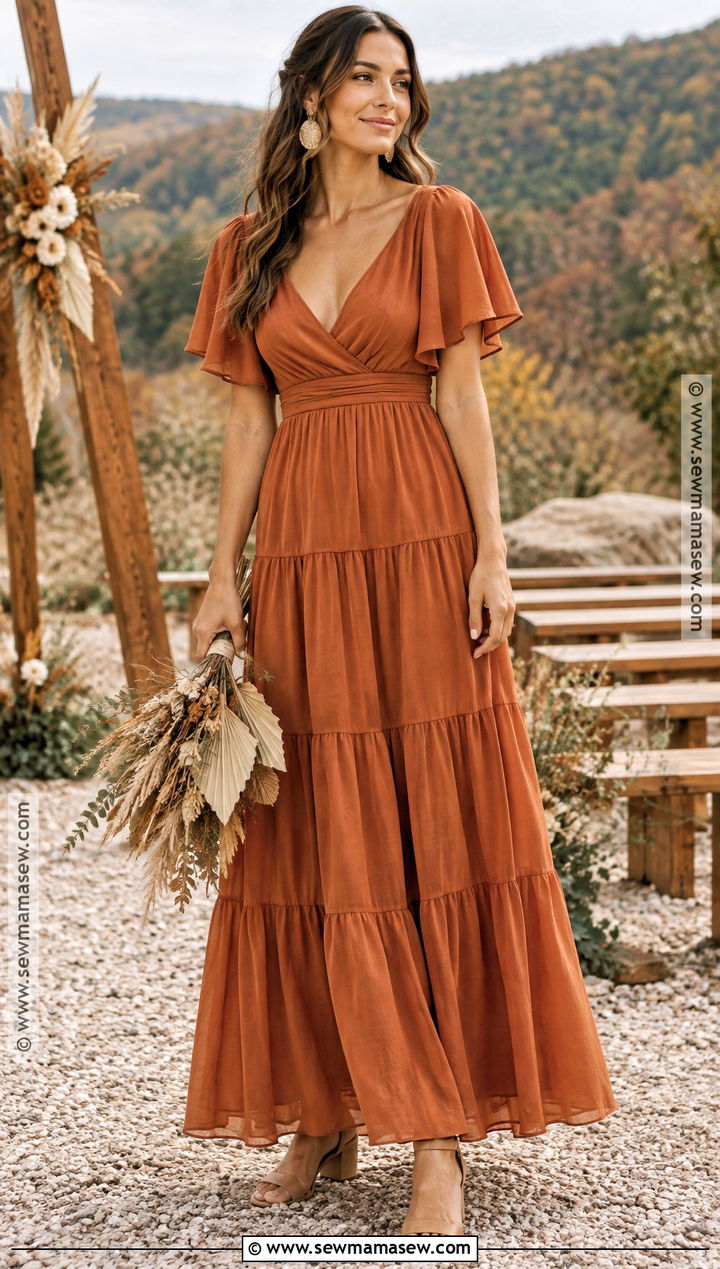 Burnt Orange Tiered Boho Bridesmaid Dress - 15 Fall Boho Bridesmaid Dress Ideas