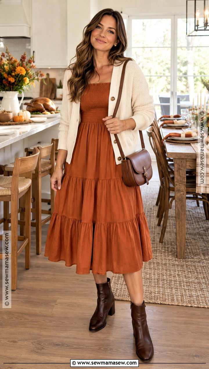 Burnt Orange Tiered Thanksgiving Dress Outfit - 20 Thanksgiving Outfits Women Dresses
