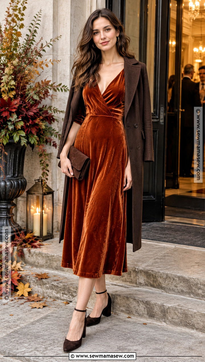 Burnt Orange Velvet Fall Wedding Guest Dress - 20 fall wedding guest dress casual ideas