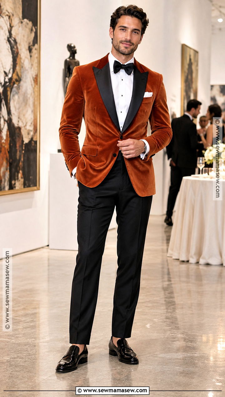 Burnt Orange Velvet Jacket With Black Trousers - 15 fall groom attire burnt orange ideas