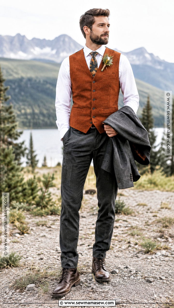 Burnt Orange Waistcoat With Gray Trousers - 15 fall groom attire burnt orange ideas
