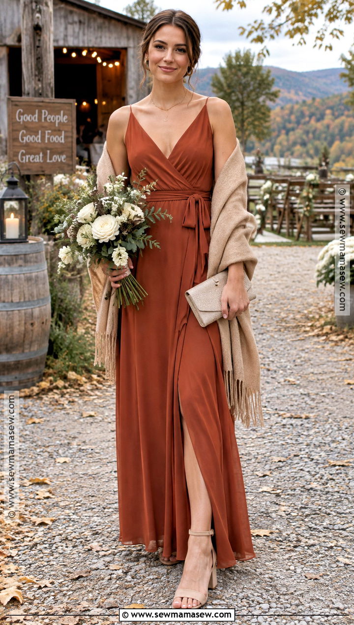 Burnt Orange Wrap Bridesmaid Dress - 15 Fall Wedding Bridesmaid Dresses Rustic