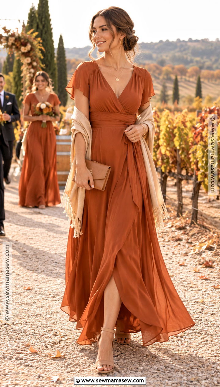 Burnt Orange Wrap Dress Outfit - 15 autumn wedding party attire ideas
