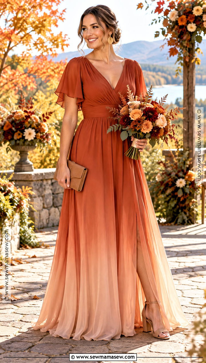 Burnt Orange to Peach Ombre Flutter Sleeve Bridesmaid Dress - 15 fall wedding bridesmaid dresses ombre
