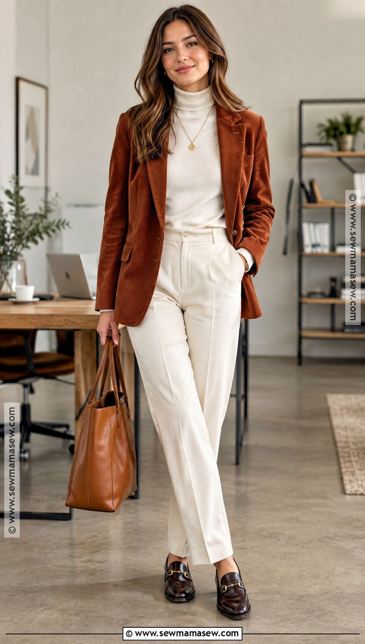 Business Casual Corduroy Blazer And Cream Trousers Outfit - 15 Business Casual Outfits Fall Winter