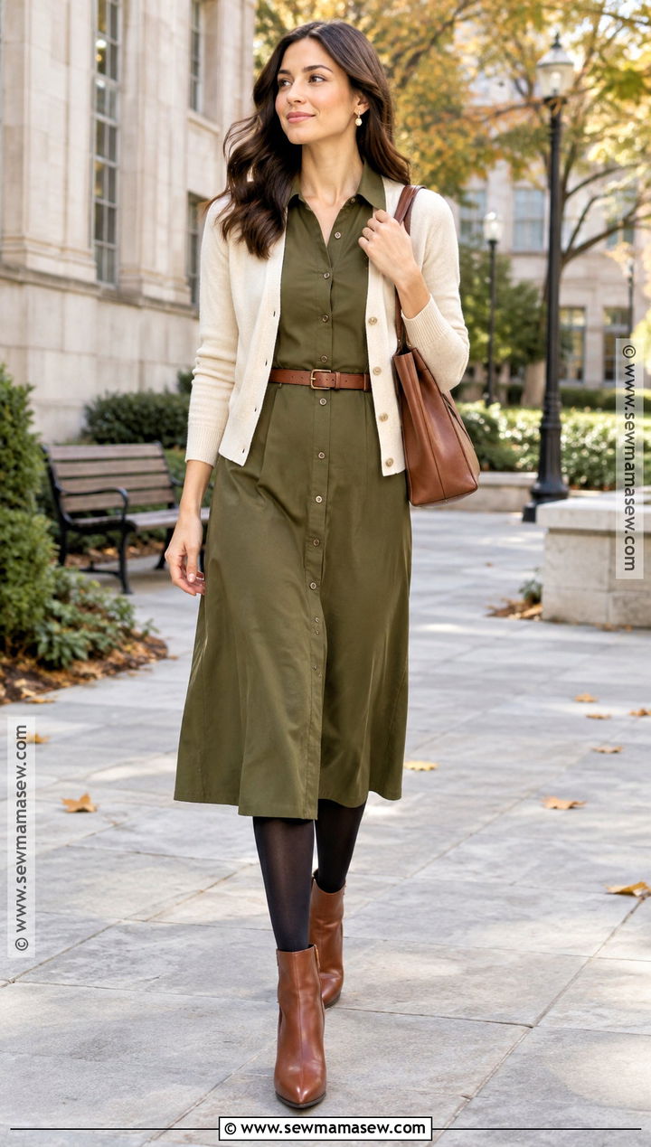 Business Casual Shirt Dress And Ankle Boots Outfit - 15 Business Casual Outfits Fall Winter