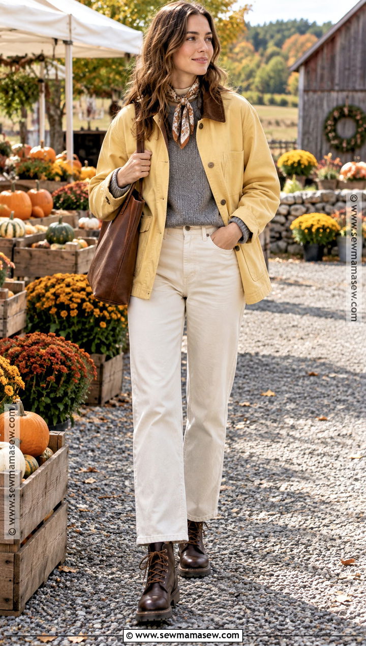 Butter Yellow Barn Jacket With Ecru Jeans - 20 Butter Yellow Fall Outfit Ideas