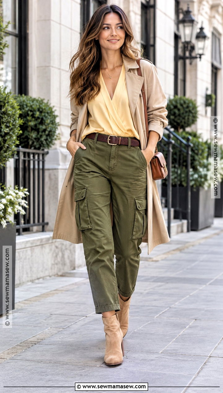 Butter Yellow Blouse With Olive Cargo Pants - 20 Butter Yellow Fall Outfit Ideas