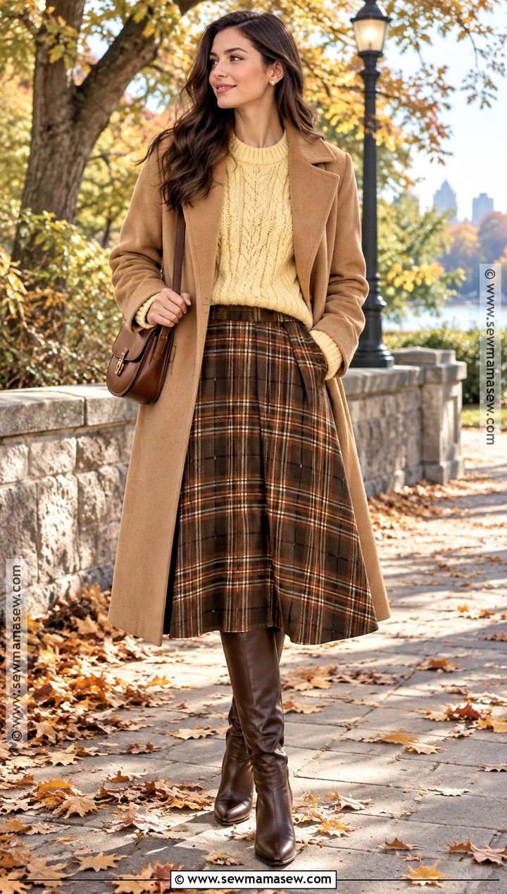Butter Yellow Cable Knit Sweater With Plaid Skirt - 20 Butter Yellow Fall Outfit Ideas