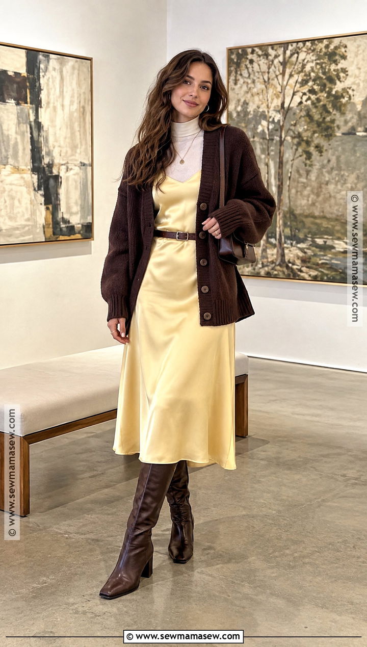 Butter Yellow Slip Dress With Oversized Cardigan - 20 Butter Yellow Fall Outfit Ideas