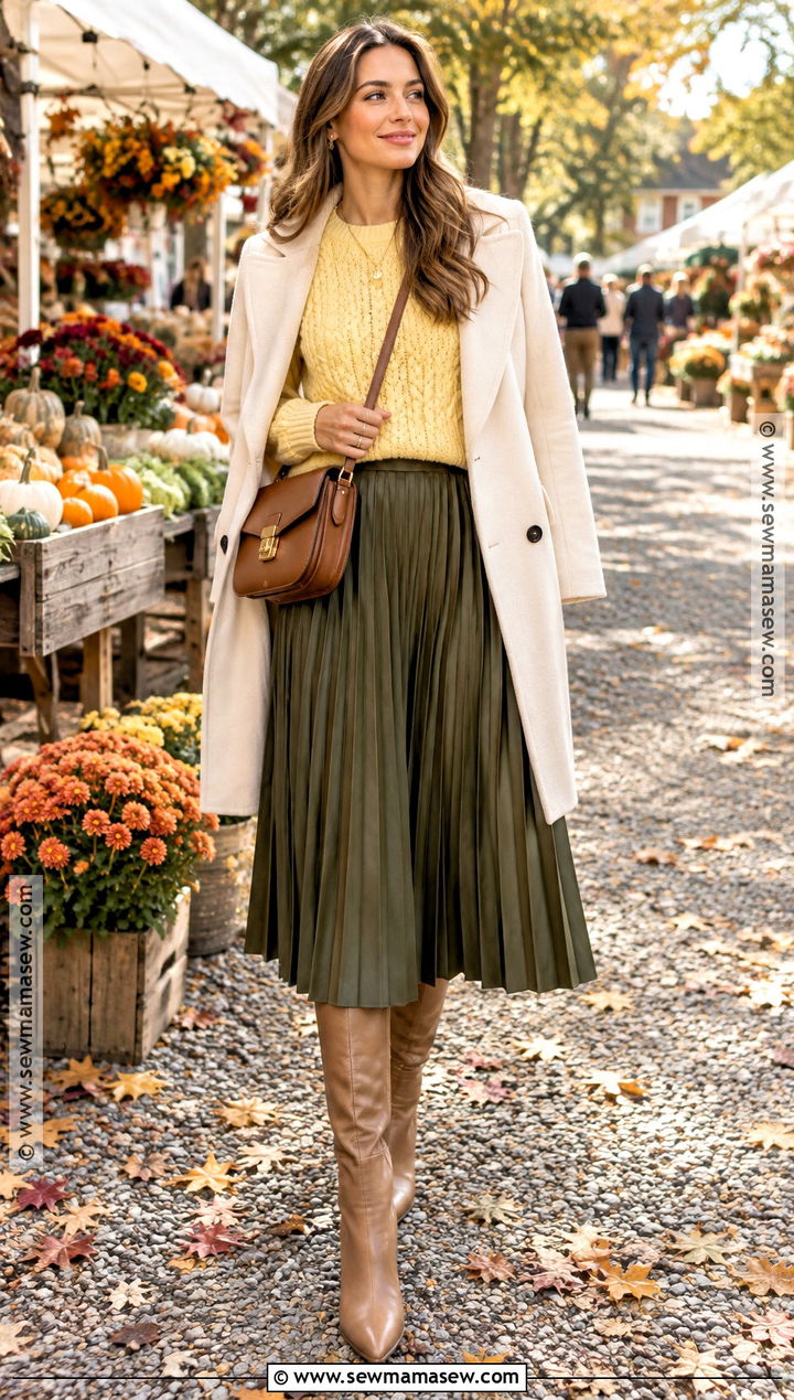 Butter Yellow Sweater And Olive Green Skirt Outfit - 15 Colorful Fall Outfits 2026