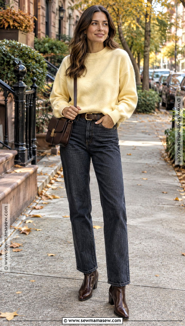 Butter Yellow Sweater With Dark Jeans - 20 Butter Yellow Fall Outfit Ideas