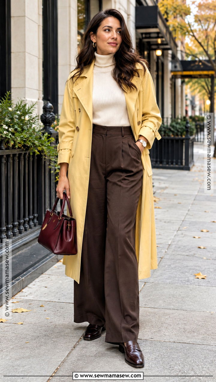 Butter Yellow Trench Coat With Brown Trousers - 15 yellow fall fashion ideas