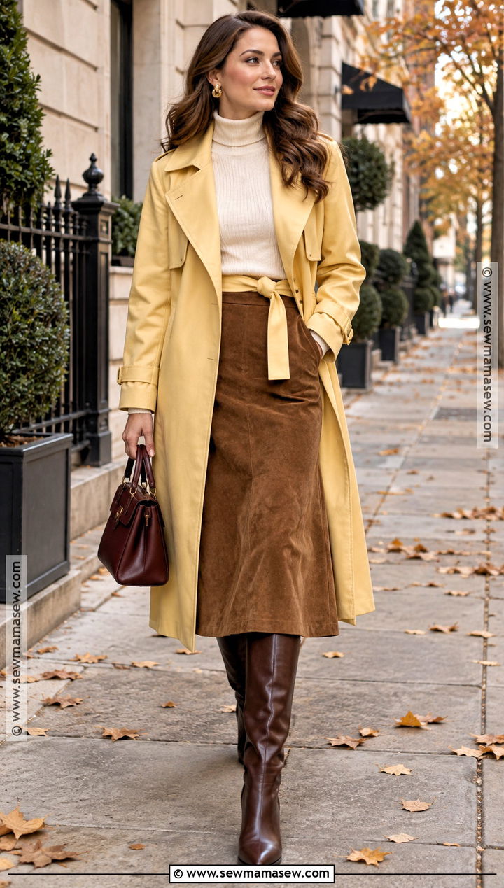 Butter Yellow Trench Coat With Suede Midi Skirt - 20 Butter Yellow Fall Outfit Ideas