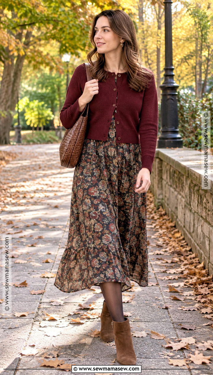Button Cardigan Over Floral Maxi Dress Outfit - 20 sweater over dress outfit autumn ideas