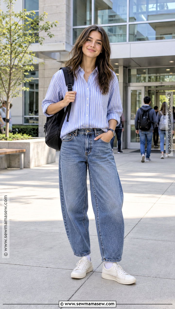 Button Down Shirt And Barrel Jeans School Outfit - 20 first day of school outfit fall ideas