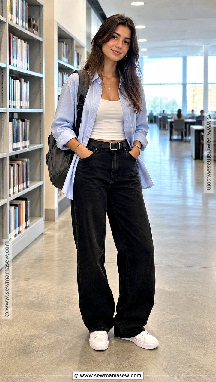 Button Down Shirt And Black Jeans Back To School Outfit - 20 cute outfits for back to school