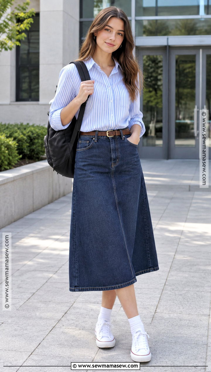 Button Down Shirt And Denim Skirt Back To School Outfit - 15 1St Day Back To School Outfits