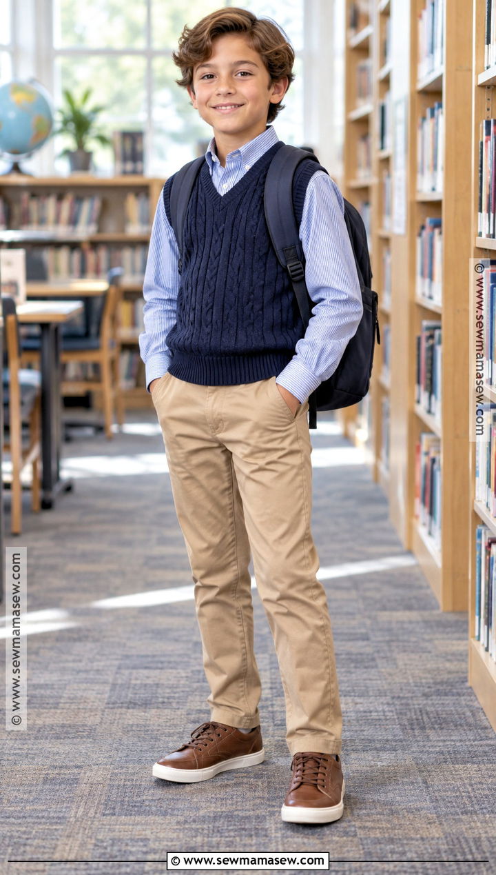Button Down Shirt And Knit Vest Back To School Outfit - 15 Back To School Capsule Wardrobe Ideas for Kids