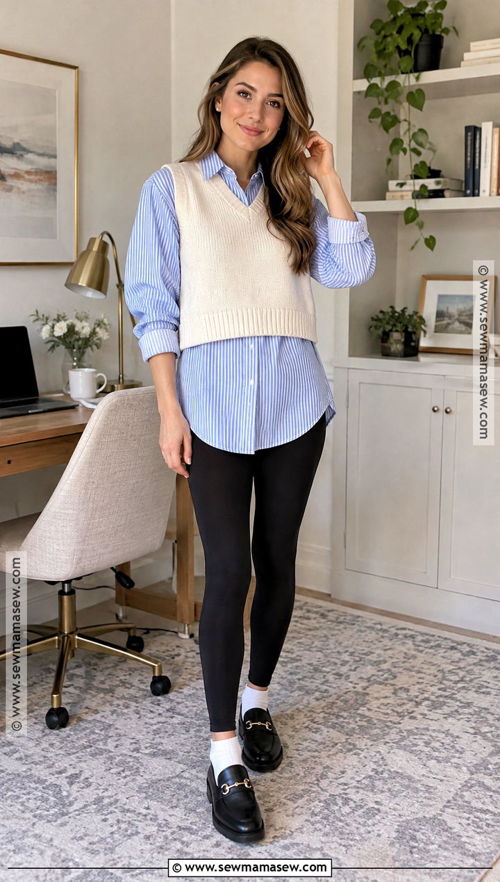 Button Down Shirt And Leggings Fall WFH Outfit - 15 Work From Home Fall Outfit Ideas