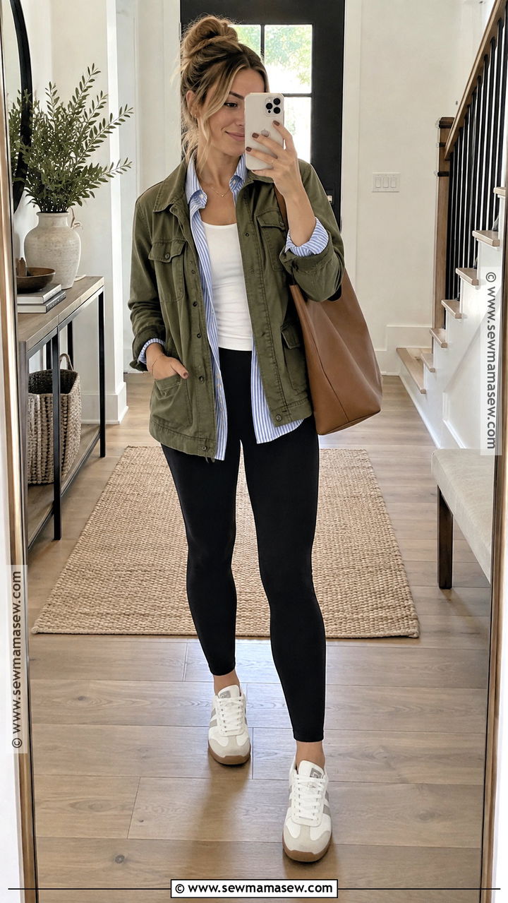 Button Down Shirt And Leggings Summer To Fall Outfit - 20 Casual Summer To Fall Outfits