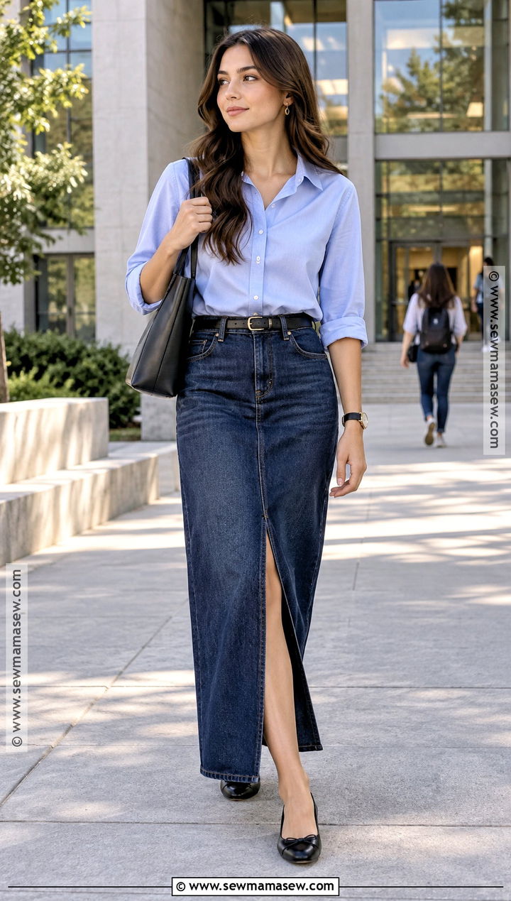 Button Down Shirt And Long Jean Skirt Outfit - 15 Jean Skirt Outfits Back To School