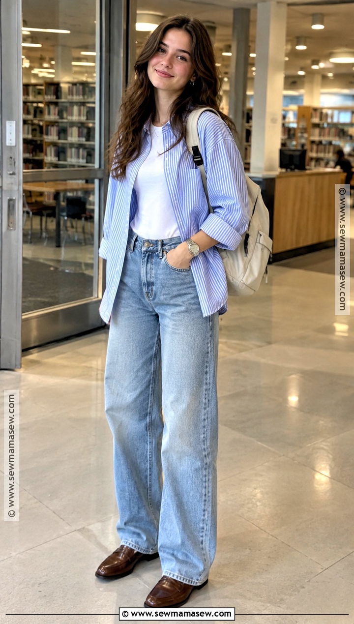 Button Down Shirt And Loose Jeans Outfit - 20 Back To School Outfits Modest