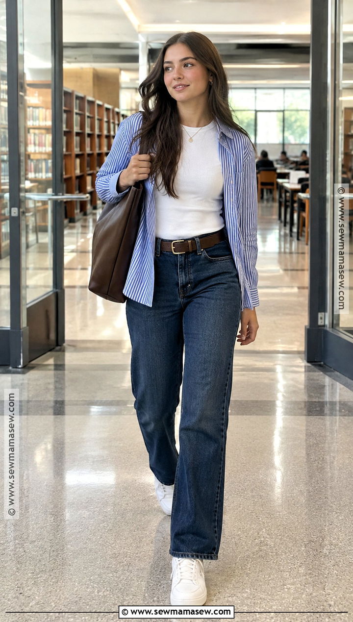 Button Down Shirt And Straight Leg Jeans Back To School Outfit - 20 back to school outfits aesthetic