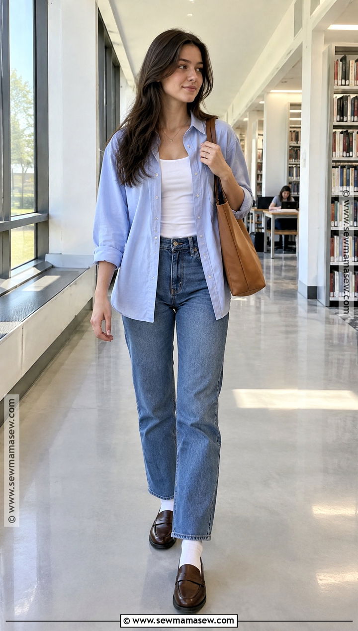 Button Down Shirt And Straight Leg Jeans School Outfit - 25 simple back to school outfits