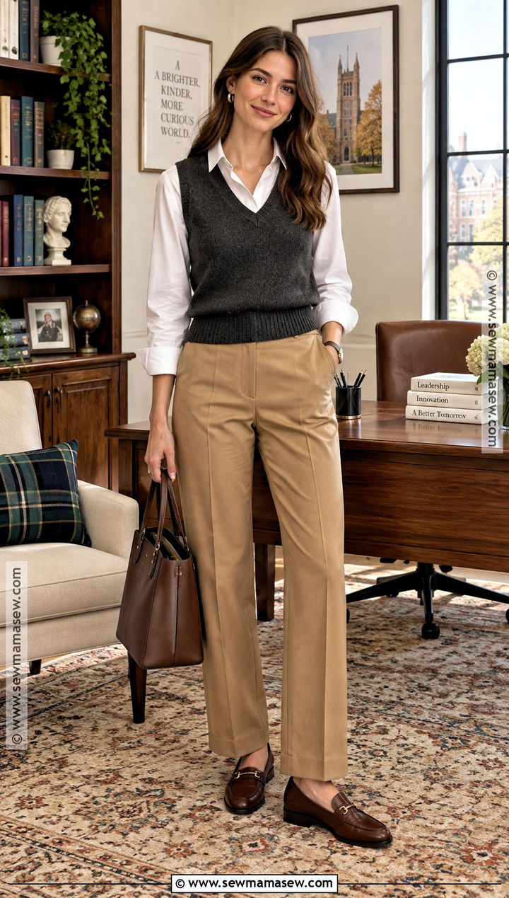 Button Down Shirt And Sweater Vest Fall Office Outfit - 20 Fall Outfits Office Business Casual