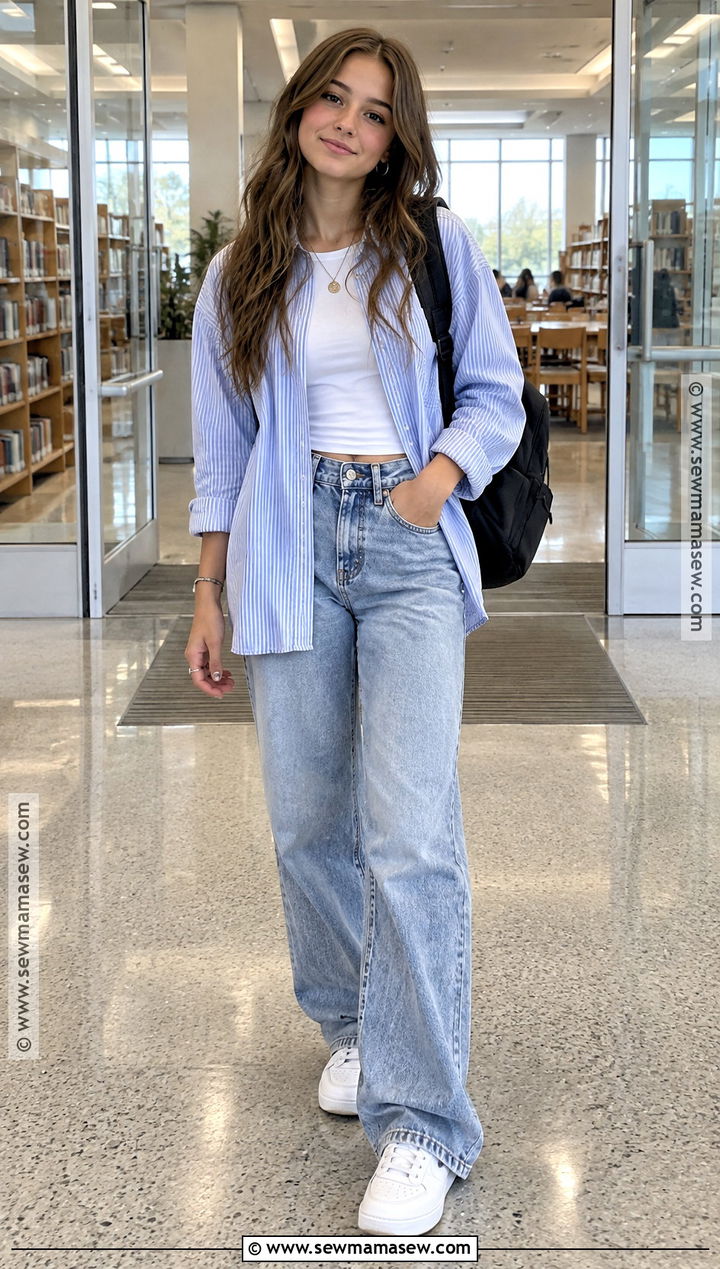 Button Down Shirt And Wide Leg Jeans Outfit - 25 back to school outfits for teens