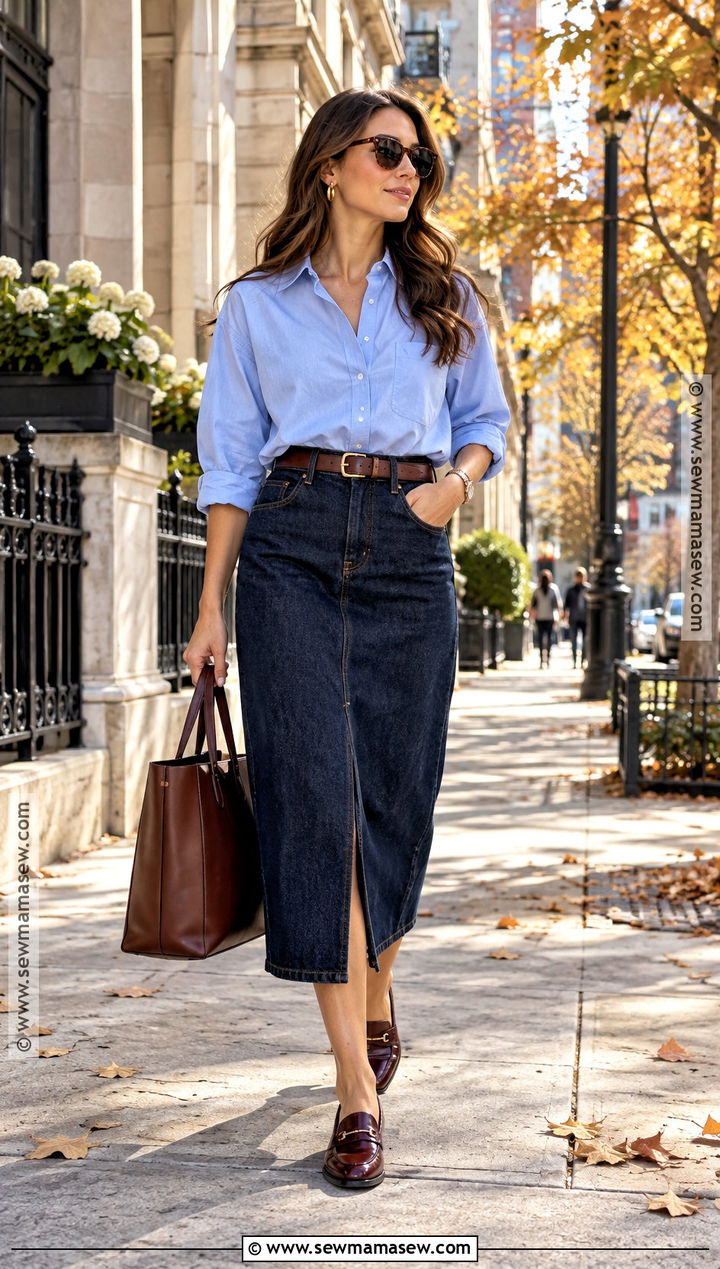 Button Down Shirt Denim Skirt and Loafers for 70 Degree Fall Weather - 15 Fall 70 Degree Weather Outfit Ideas
