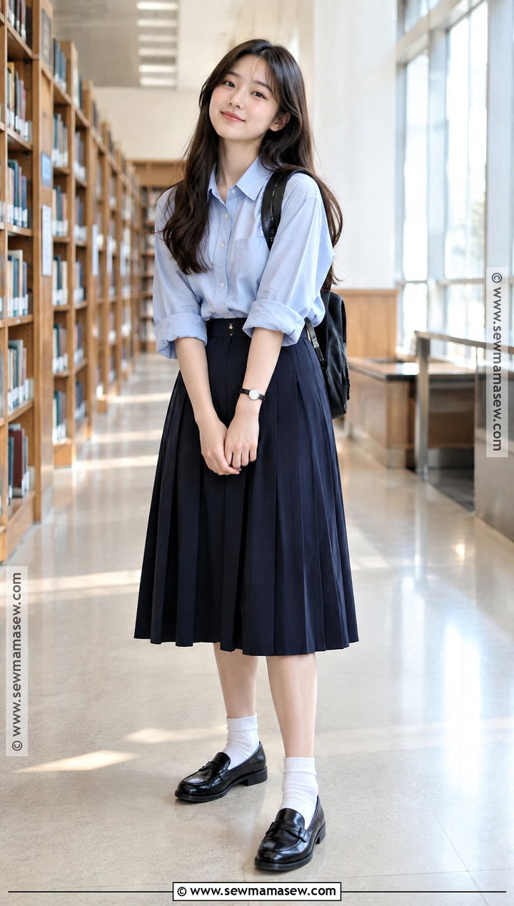 Button Down Shirt With Pleated Midi Skirt And Loafers - 15 back to school fashion ideas