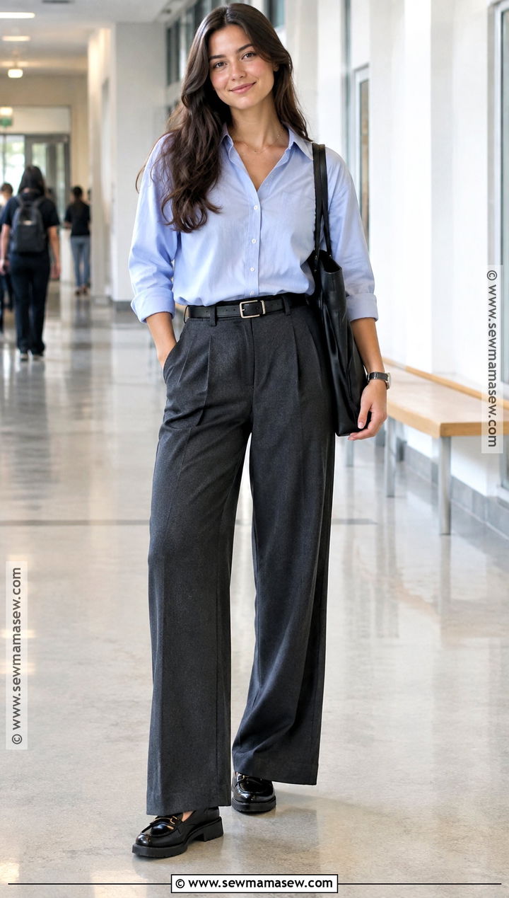Button Down Shirt With Wide Leg Trousers And Loafers - 15 back to school outfits grad school
