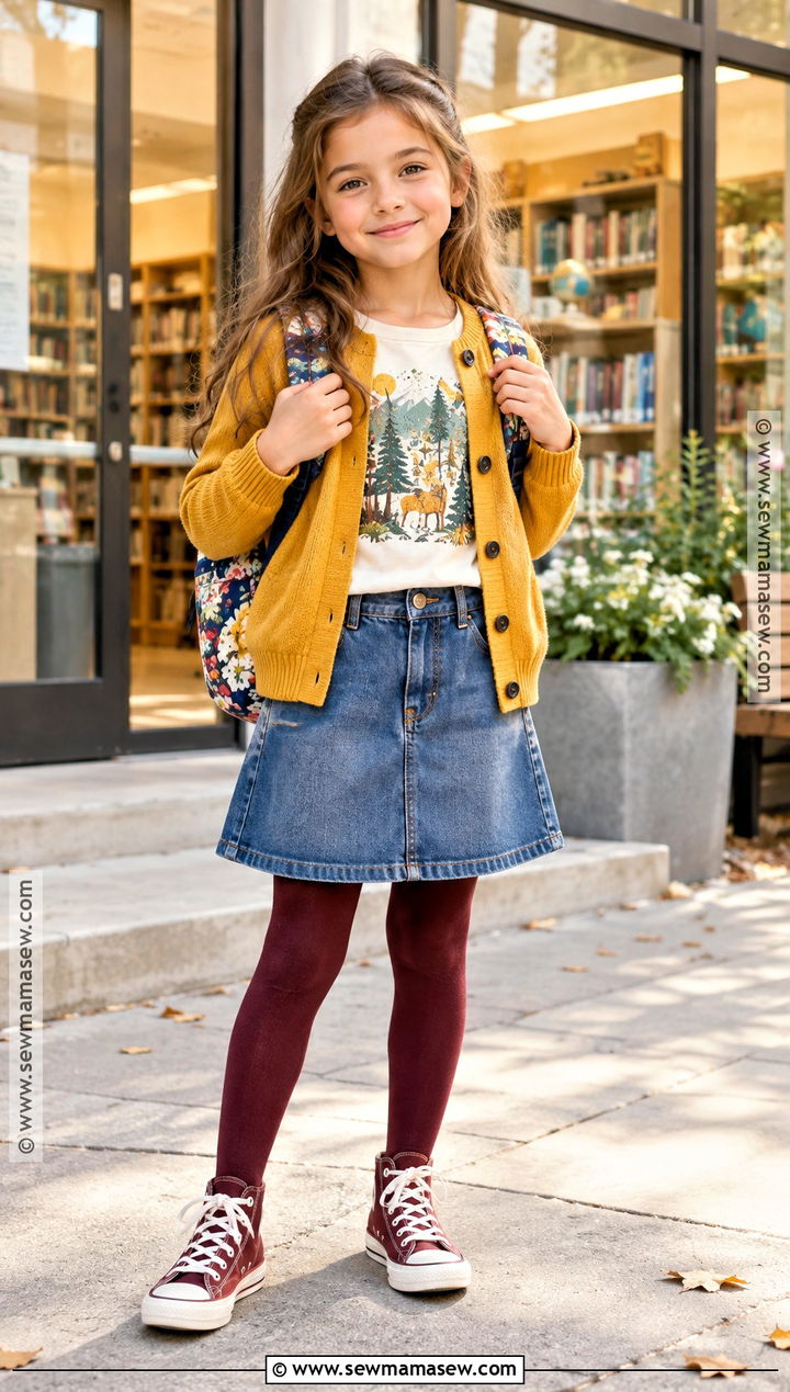 Button Front Cardigan With Graphic Tee And Denim Skirt - 15 kids knitwear fall fashion ideas