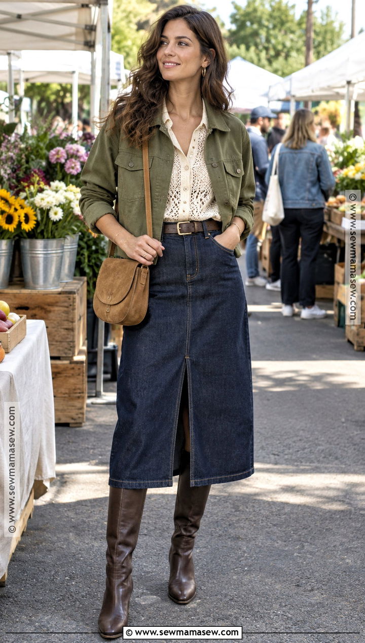 Button Front Crochet Blouse With Denim Midi Skirt - 15 fall crochet blouse ideas