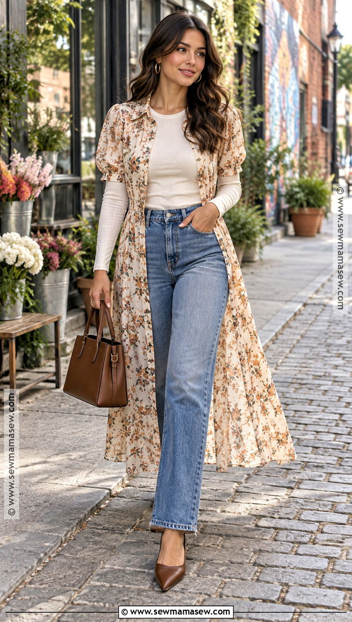 Button Front Dress Over Jeans With Pointed Flats - 15 styling summer dresses for fall