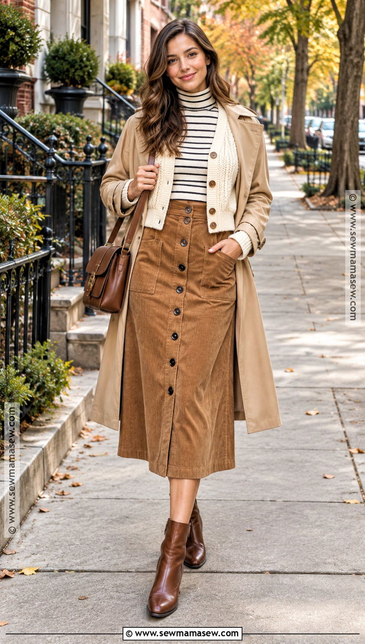 Button Front Skirt Autumn Outfit - 25 skirt autumn outfit ideas