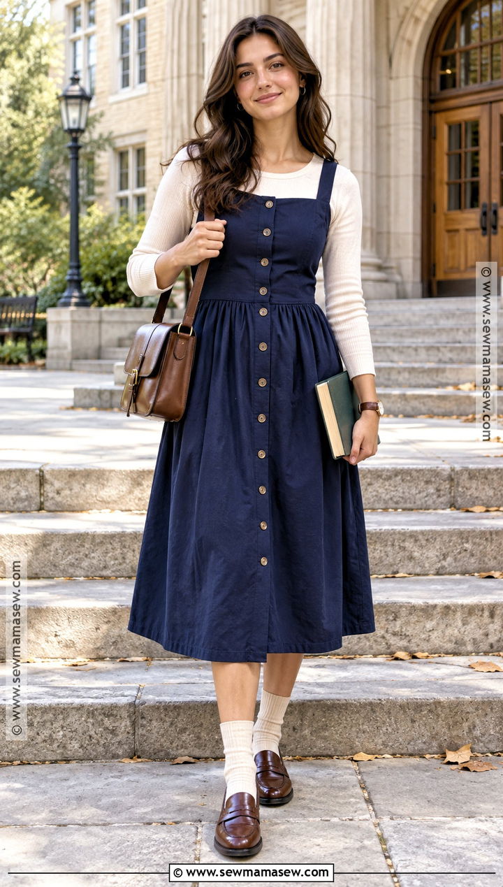 Button Front Sundress With Loafers - 20 Fall Sundress Ideas