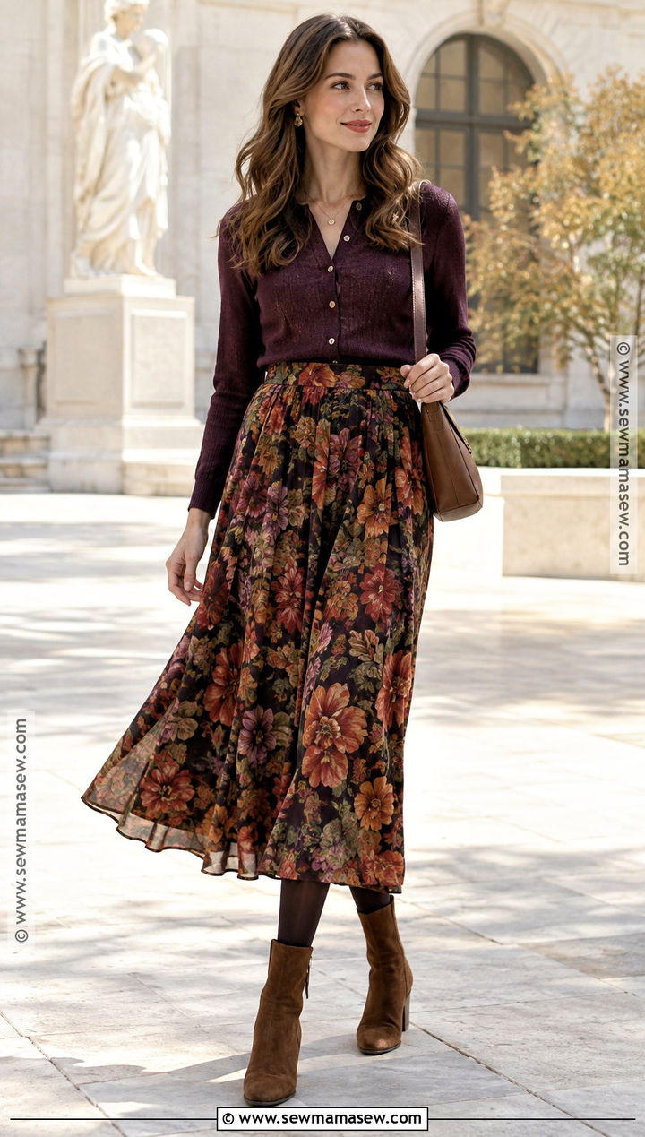 Button Up Sweater With Floral Midi Skirt - 15 Button-Up Sweater Fall Style Ideas