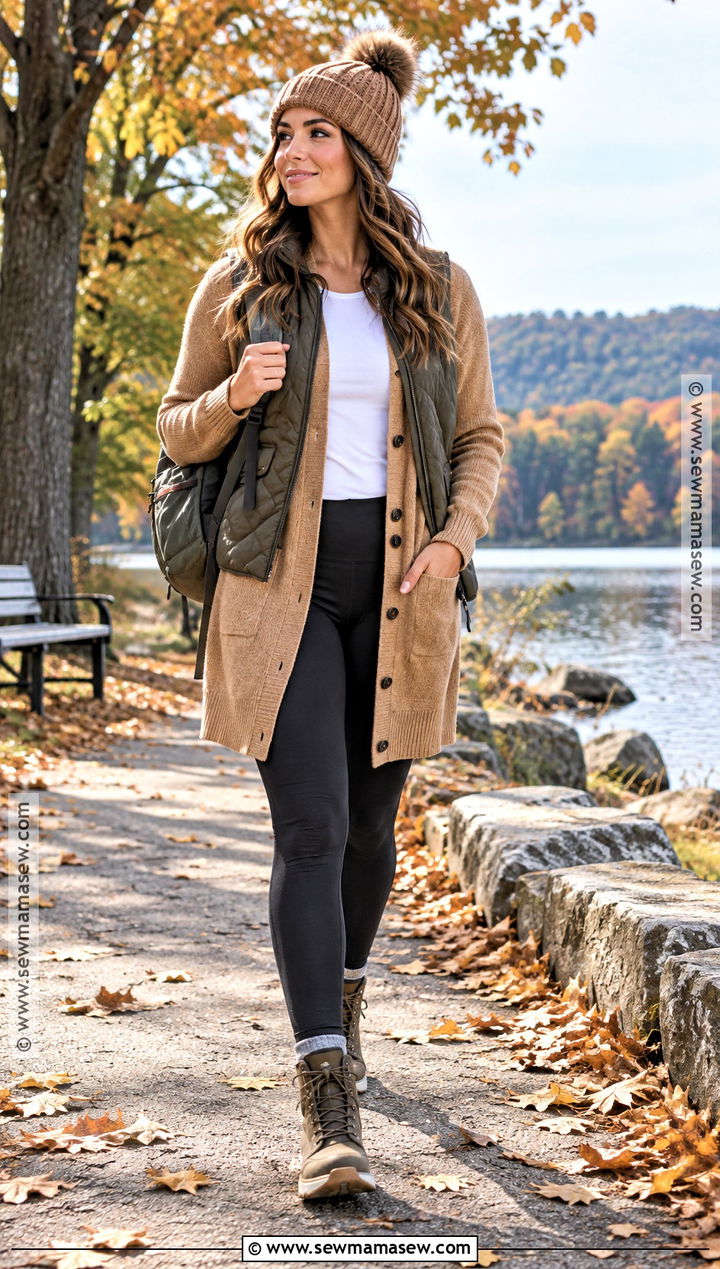Button Up Sweater With Leggings And Quilted Vest - 15 Button-Up Sweater Fall Style Ideas