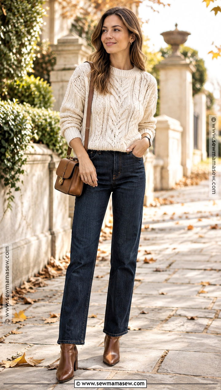 Cable Crochet Sweater With Dark Wash Jeans - 25 fall crochet sweater ideas