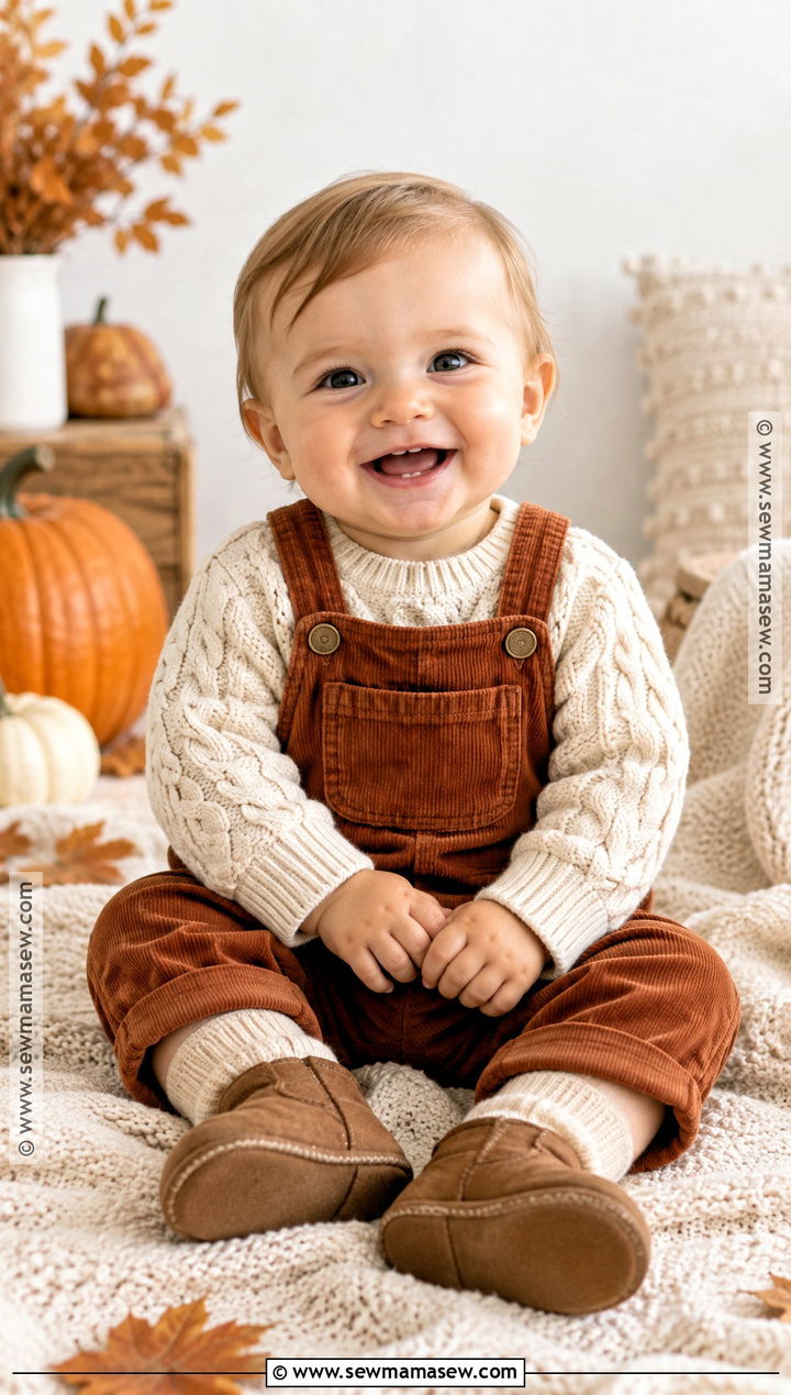 Cable Knit Baby Sweater With Corduroy Overalls - 15 Cute Baby Sweater Fall Ideas