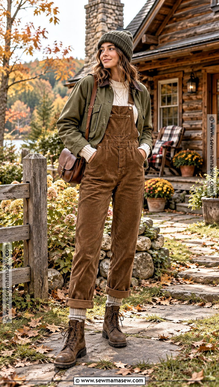 Cable Knit Cabin Outfit With Overalls and Boots - 15 cute cabin outfits fall