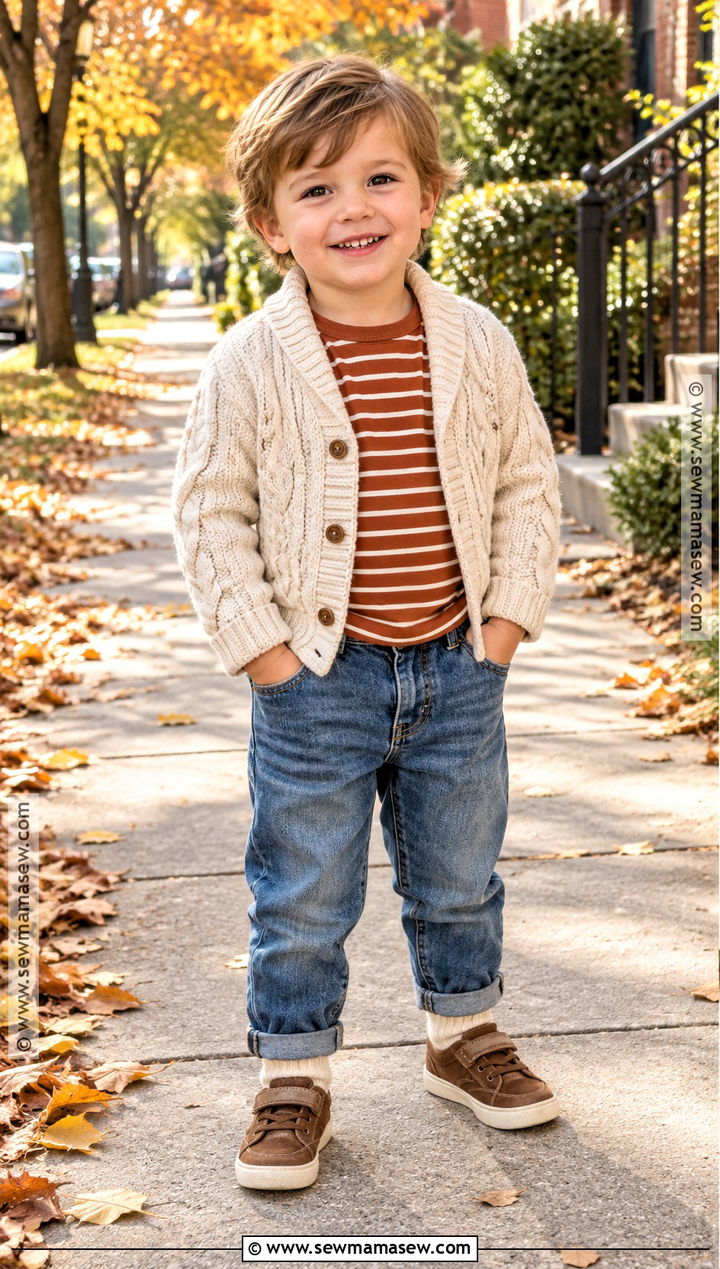 Cable Knit Cardigan And Jeans Fall Toddler Outfit - 15 fall themed toddler clothing ideas