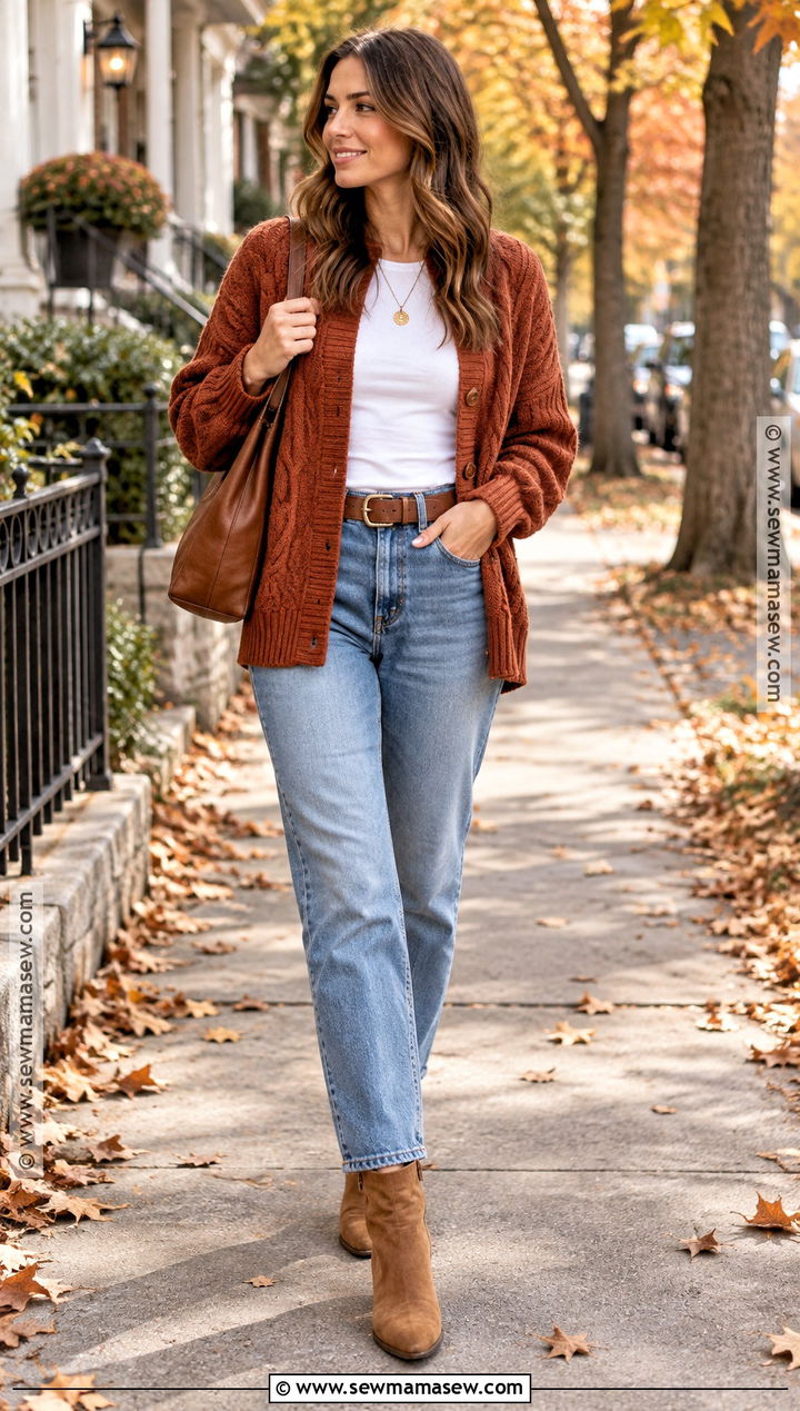 Cable Knit Cardigan With A T Shirt And Jeans - 15 cable knit sweater fall style ideas