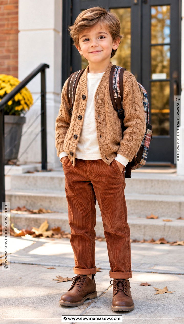 Cable Knit Cardigan With Corduroy Pants - 15 kids knitwear fall fashion ideas