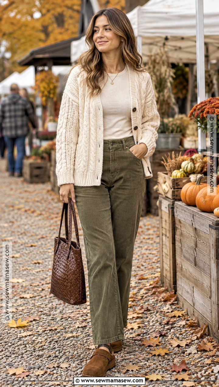 Cable Knit Cardigan With Corduroy Pants - 15 Fall Cardigan Outfits Aesthetic